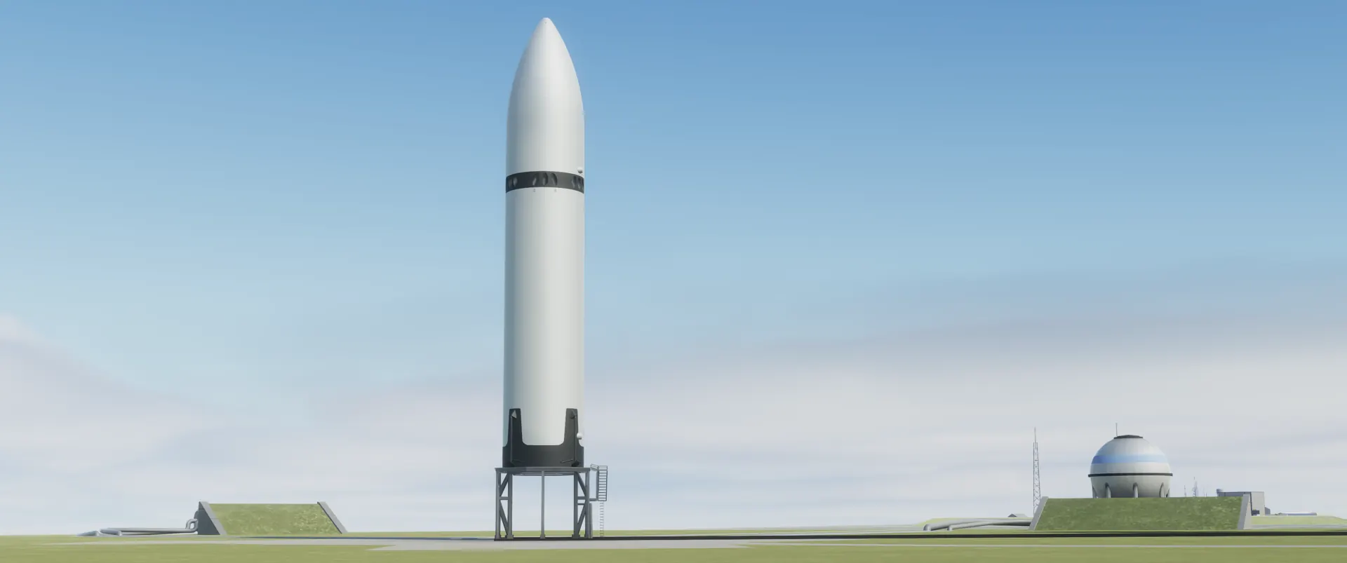 A Rhea lunar vehicle standing on its launch stand